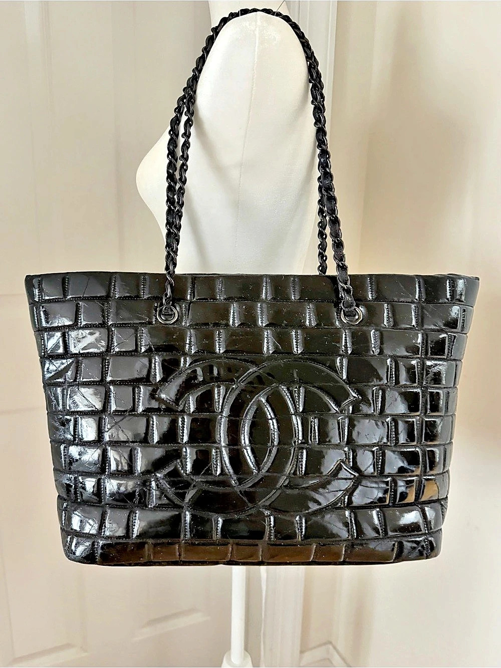 Authentic Chanel Frozen Ligne Black Vinyl Chain Strap Tote Bag